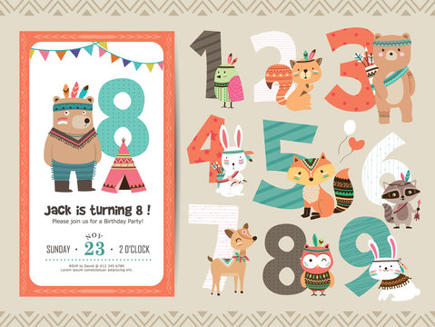Birthday Anniversary Numbers with Cute Tribal Animals & Birthday Party Invitation Card Template