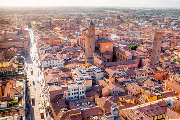 Aerial cityscape view from the tower on Bologna old town with San Pietro cathedral in Italy