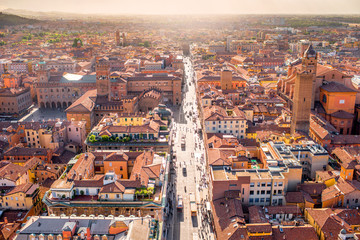 Aerial cityscape view from the tower on Bologna old town in Italy