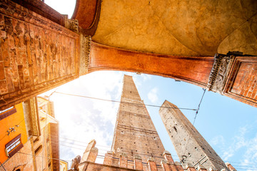 Two famous leaning towers Garisenda and Asinelli in Bologna city. Bologna's two leaning towers are the city's main symbol © rh2010