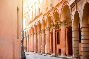 Street view with gallery in Bologna city in Italy