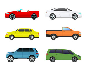 Different car vehicle transport type design sign technology style vector. Generic car different design flat vector illustration isolated on white. Pickup, sedan, bus or truck van and other car vehicle