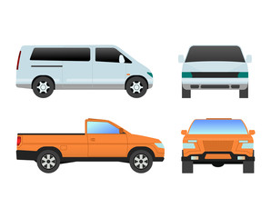 Different car vehicle transport type design sign technology style vector. Generic car different design flat vector illustration isolated on white. Pickup, sedan, bus or truck van and other car vehicle