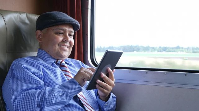 Man using tablet on train