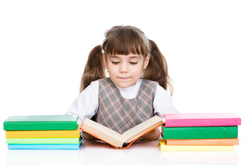 small girl reading book. isolated on white background