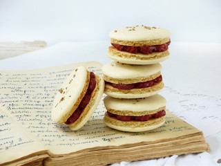 French macaroons dessert with cornel filling and anise on light background