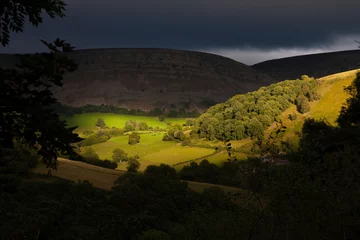 A view of Eglwyseg valley on the way down from the Horseshoe Pass near Llangollen, North Wales