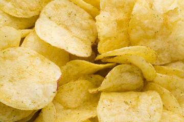 Close up potato chips on top view background.