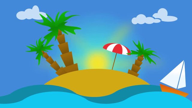 Animation of tropical landscape - beach, sea, waves, palms