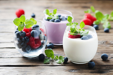 Healthy yogurt with berry and mint
