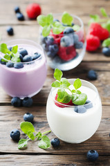 Healthy yogurt with berry and mint