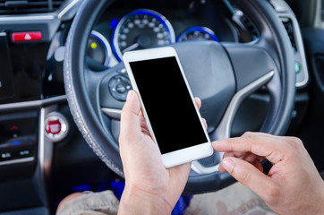 Close up shot hands of man using blank screen smart phone in the