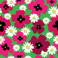 Seamless pattern with poppies and daisies on a green background