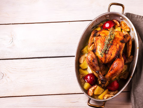 Homemade Roasted Thanksgiving Day Turkey On White Wooden Background.