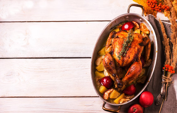 Homemade Roasted Thanksgiving Day Turkey On White Wooden Background.