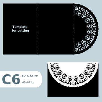 C6 paper openwork greeting card, template for cutting, lace invitation, card with fold lines, object isolated background, laser cut template, vector illustration