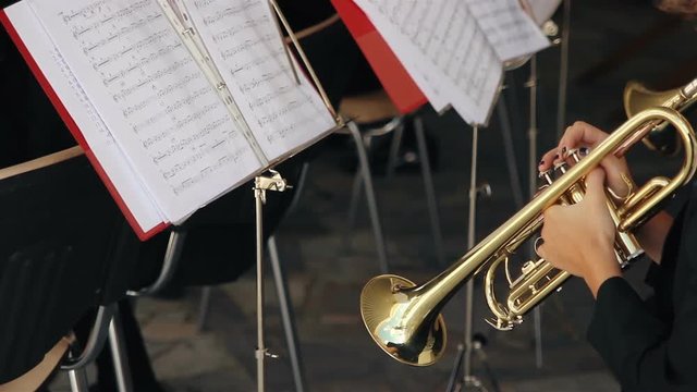 Young guys play on wind instrument in orchestra