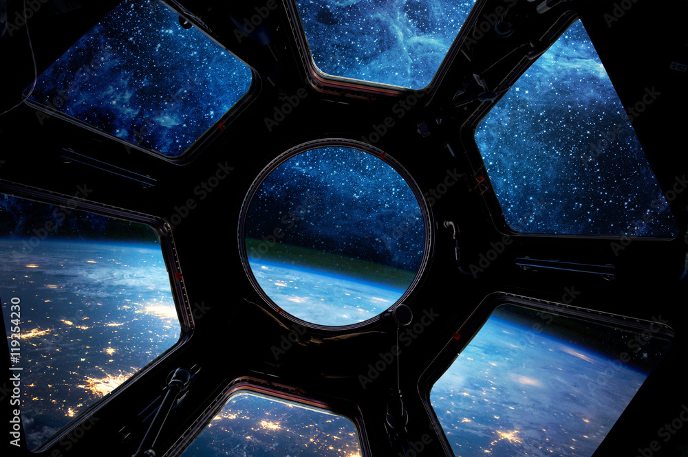 Wall mural earth and star in spaceship window porthole. elements of this image furnished by nasa