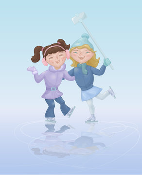 Two girls ice skating and taking selfie. Cute cartoon characters at skating rink