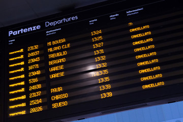 Fototapeta premium Timetable shows cancelled trains during strike.