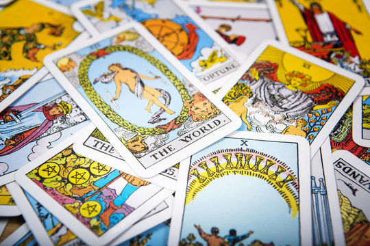 Tarot cards mystical old  background. Senior card world.