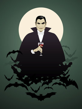 Dracula. Elegant vampire on a cloud of bats holding a wineglass.