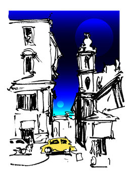 sketch drawing of Rome Italy landscape with two moons and yellow