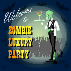 Halloween background. Concept design banner, poster or card for holiday party with cute elegant zombie drawing in funny cartoon retro style. Vector illustration