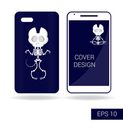 Concept design cover mobile smartphone with funny cat skeleton in cartoon style isolated on white background. Vector illustration