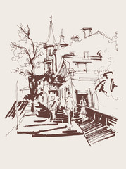 Zoloti Vorota (Golden Gate) place in Kyiv Ukraine, freehand ink 