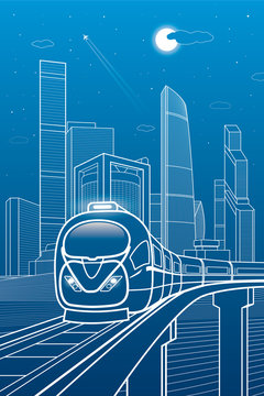 Train move. Business center, architecture, transport and urban illustration, neon city, white lines composition, skyscrapers and towers, vector design art