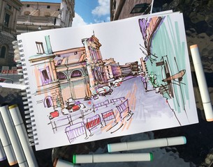 marker drawing of Rome Italy street landscape, urban sketch