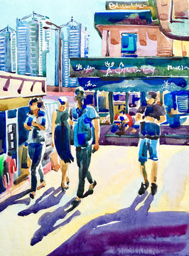watercolor painting of street with people walking in bright sunl