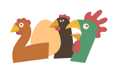Vector funny cartoon hens egg and rooster in shape numbers 2017