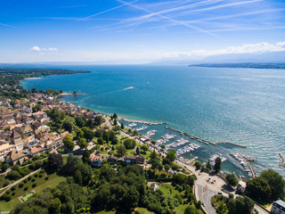 Fototapeta na wymiar Aerial view of Nyon old city and waterfront in Switzerland