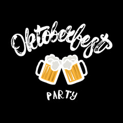 Oktoberfest party hand written lettering poster with beer mugs.