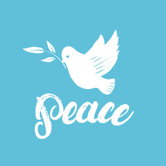 Peace hand written calligraphy lettering poster or card with dove.