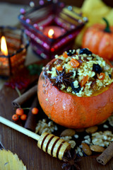 Pumpkin risotto made of rice with saffron and dried fruits
