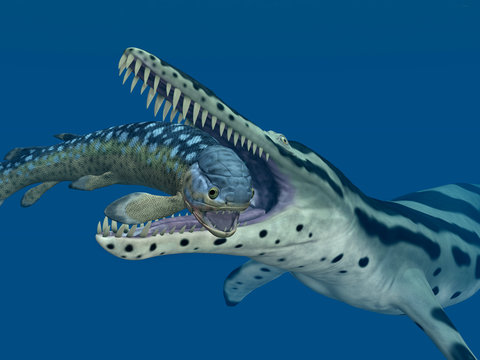 Kronosaurus attackiert Rhizodus