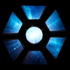Earth and star in spaceship window porthole. Elements of this image furnished by NASA