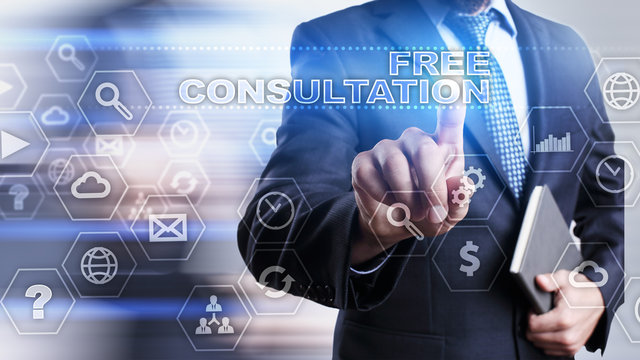Businessman is pressing on the virtual screen and selecting "Free consultation".