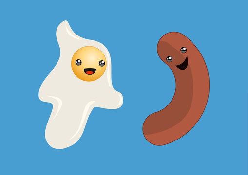 A happy fried egg and a sausage character. Vectro illustration
