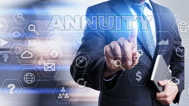 Businessman is pressing on the virtual screen and selecting "Annuity".