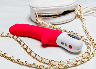 Purple ribbed vibrator with female bag on a white background