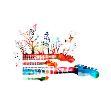 Creative music concept vector illustration, colorful instruments, guitar fretboards with trees and butterflies. Design for poster, card, brochure, flyer, concert, music festival, music shop  