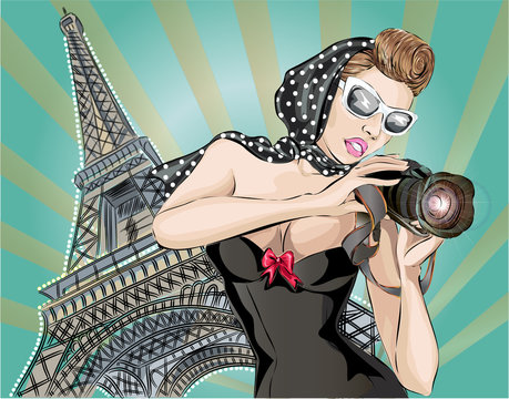 Pin-up sexy woman in black dress takes pictures on camera near Eiffel Tower in Paris. Pop Art vector