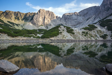 Naklejka na ściany i meble Panorama around Sinanitsa peak and reflectionin the lake, Pirin Mountain, Bulgaria