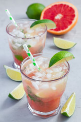 Cold pink cocktail with fresh grapefruit, lime and ice, vertical