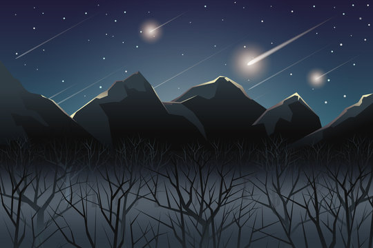 meteor shower over mountain at night
