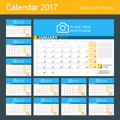 Desk Calendar for 2017 Year. Set of 12 Months. Vector Design Print Template with Place for Photo, Logo and Contact Information. Week Starts Monday. Calendar Grid with Week Numbers and Place for Notes